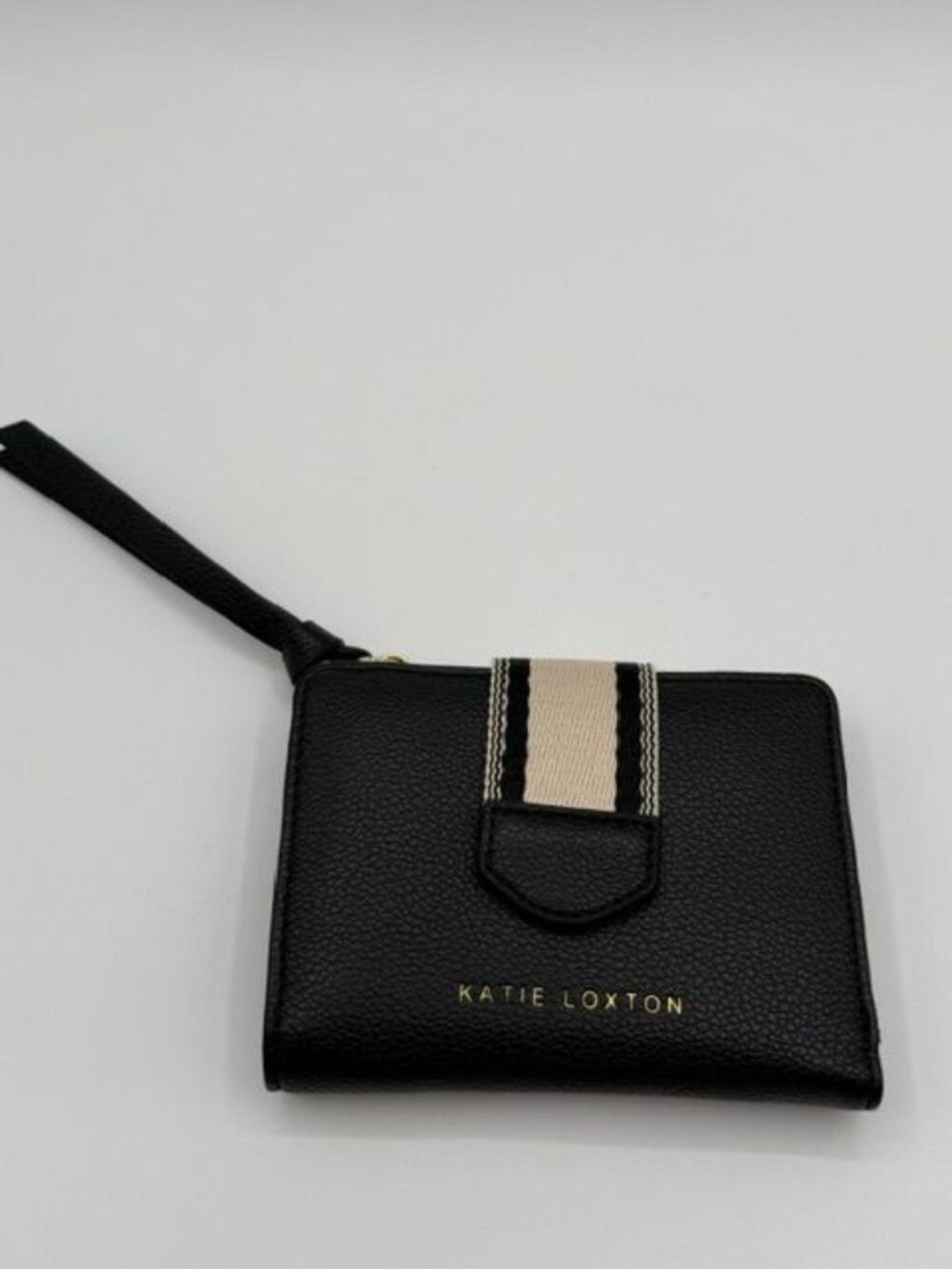 Katie Loxton Black Vegan Leather Compact Bifold Wallet Striped Tab